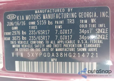 2017 Kia Sorento 2.4L Lx from USA, damaged, VIN 5XYPGDA38HG214721